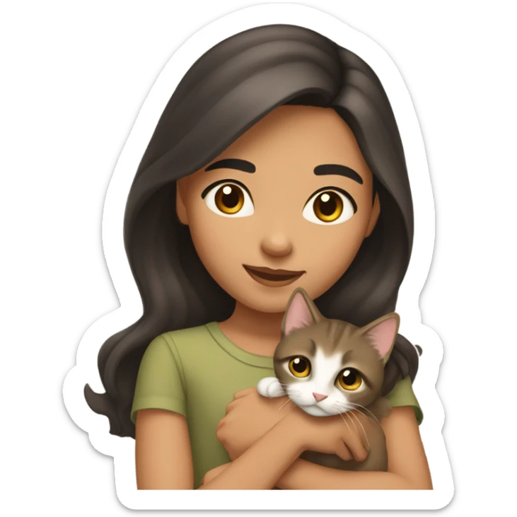 14 year old Eurasian girl with dark brown hair neutral tan olive skin long brown hair and brown eyes with arched brows holding a kitten sticker