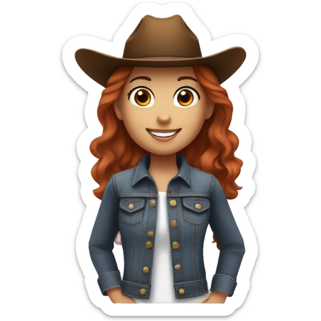 Girl with short red hair, with brown eyes, smiling, wearing a denim jacket and black shirt and brown cowgirl hat, next to her brown horse that has a white hair and spot on her forehead. sticker