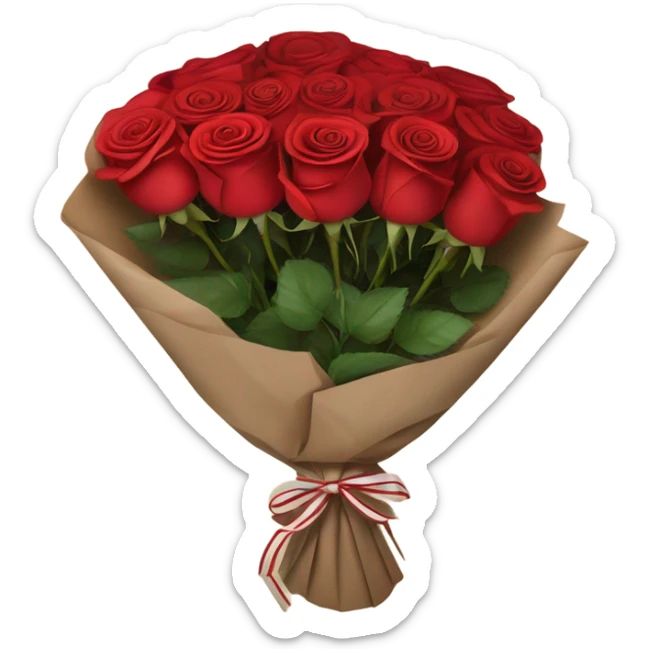 Rose bouquet wrapped in brown paper, red and white roses. The paper must show at the back and the bow must be brown sticker
