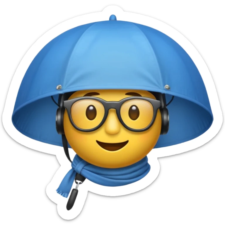 Erstelle mir einen Fallschirmspringer im emoji style mit Helm und Brille auf dem kopf und einem Tuch vor dem mund sticker