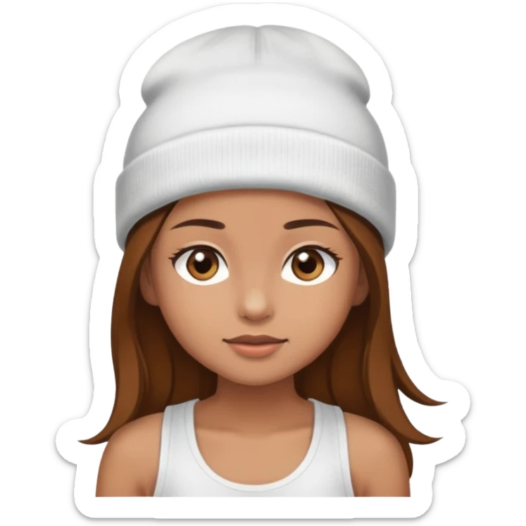 Girl with light brown skin hazel eyes long brown hair wearing a white tank top and beanie sticker