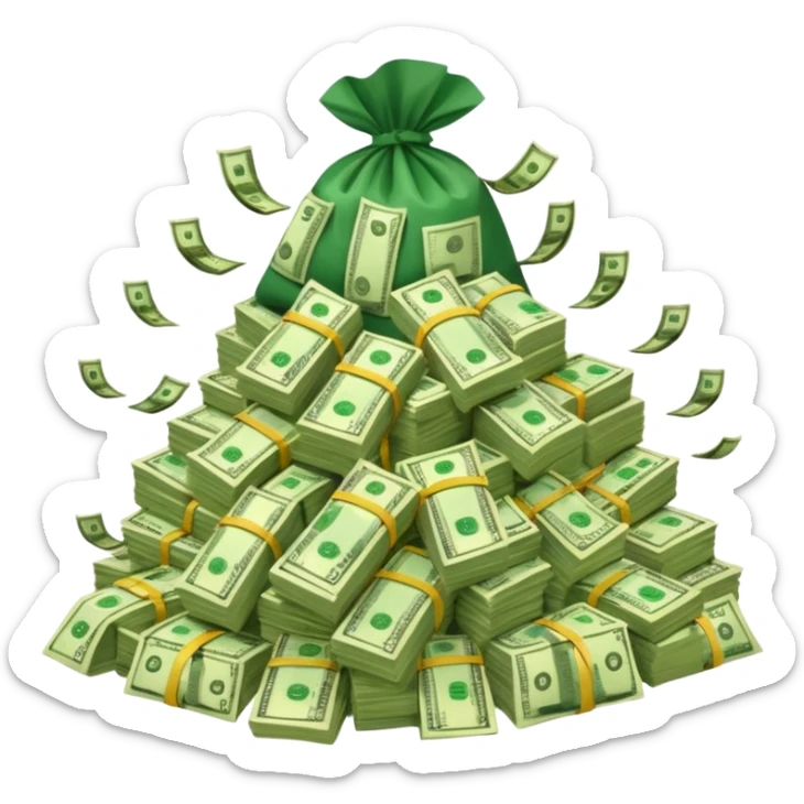 mountain of cash, with bags of money sticker