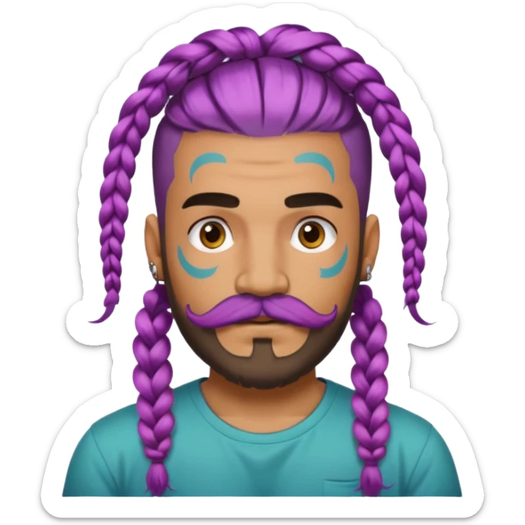 big lose braids starting from the top sides of the head hair like a unicorn man with mustache face wiith big visible loose only two braids and lots and lots of colored face tattoos colored tattoos like a tattoo artist hair unique color and beard sticker