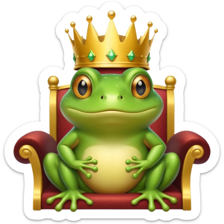A frog wearing a crown, confidently sitting on a golden throne, portrait, bust up sticker
