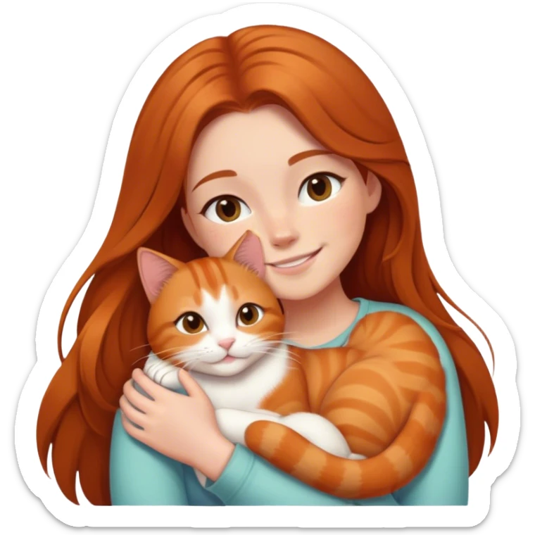 smiling girl with long hair cuddling a ginger cat with white paws  sticker