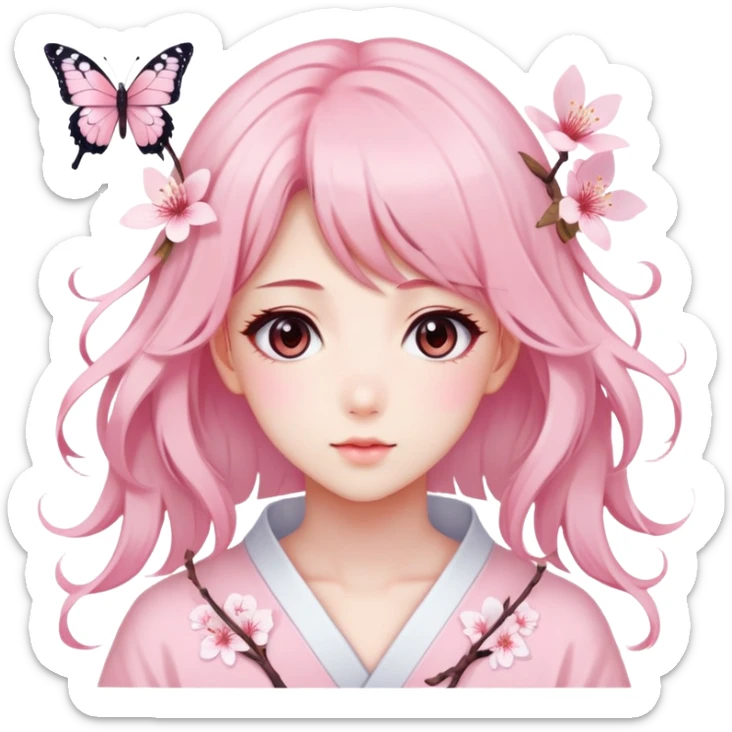 A Gorgeous Beautiful Anime Lady Sakura Cherry Blossom and Pretty Hair, pastelcore aesthetic, pastel pink and white, butterfly sticker