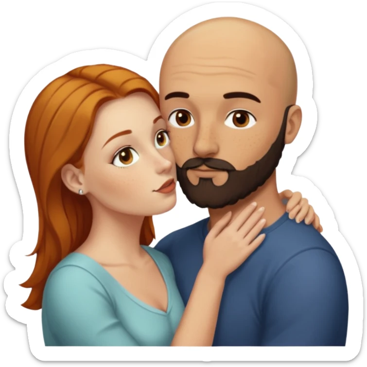 Couple. Bald man with dark brown-black beard. White woman with many small, faded freckles, she has white skin and she has auburn-yellow-brown-cinnamon, dark long hair. She has light brown eyes. The man have hazel eyes. Retro style. They kiss. sticker
