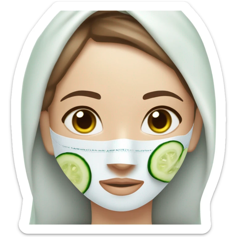 Girl with freackles Brown hair white skin and blue eyes wears Green colored texture skin care mask all over her face while She relaxes and puts two round piece of cucumber on her closed eyes In a white Robe sticker