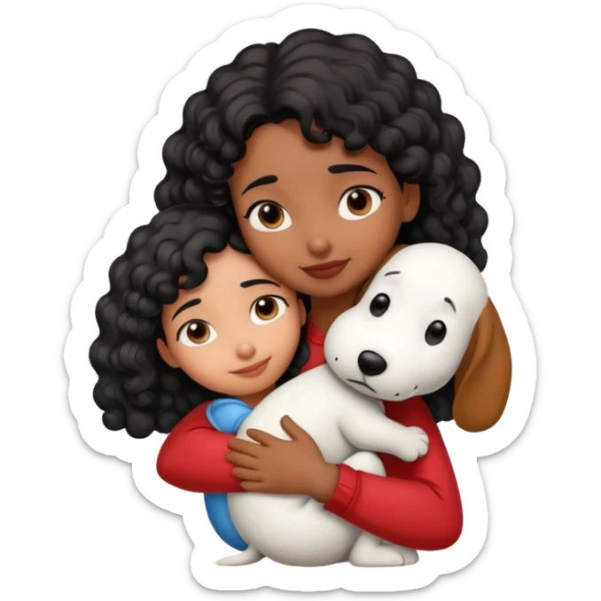Girl with brown skin and curly black hair hugging snoopy sticker