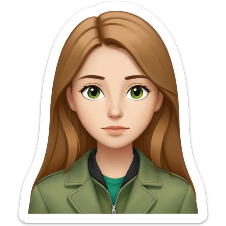 Caucasian girl with elongated face, soft jawline, long straight light brown hair with middle part, almond-shaped brown eyes with black eyeliner, thoughtful expression with slight smile, wearing green jacket sticker