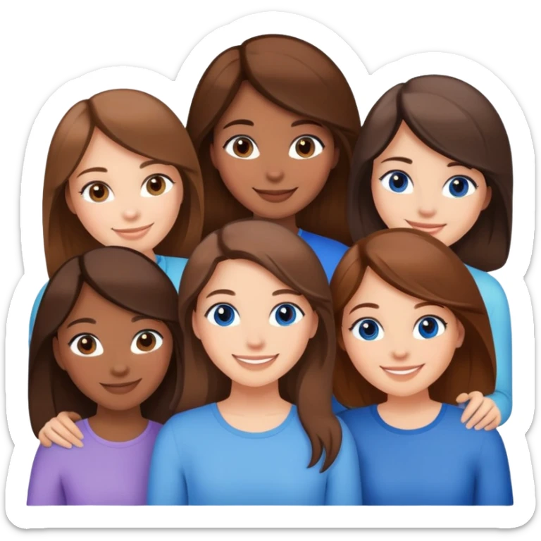 six girl friends together: 1 with brown hair, blue eyes, light skin; 2 with brown hair, brown eyes, medium skin; 1 with blond hair, brown eyes, light skin; 2 with brown hair, brown eyes, light skin sticker
