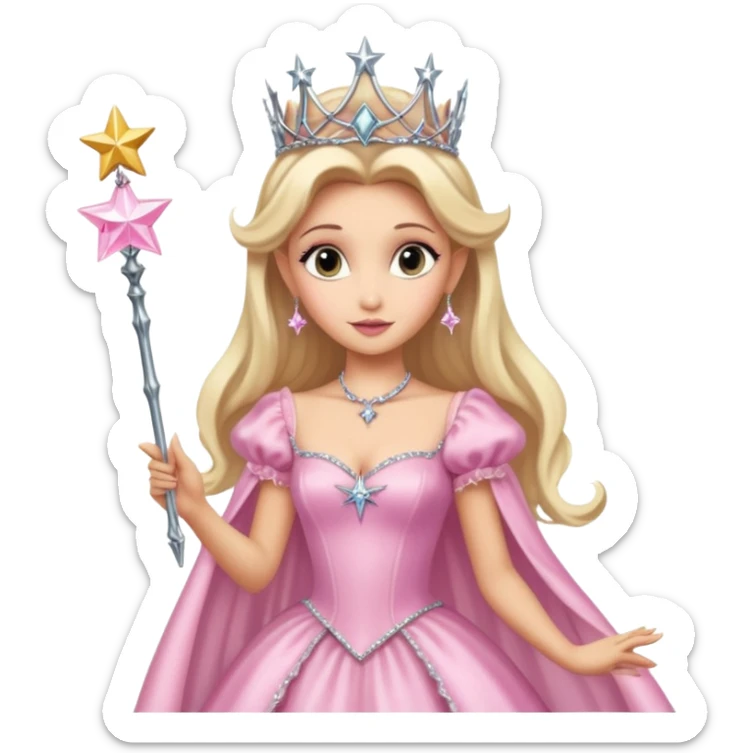 glinda the good witch from wicked movie (ariana grande) blonde hair, beautiful, big silver thin tiara, star wand, pink gown sticker
