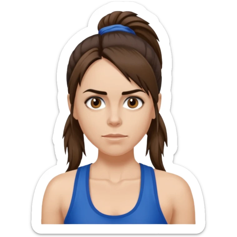 Melanie C with hazel eyes, dark brown long ponytail hair, blue tank top sticker