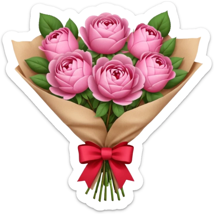 Bouquet of pink flower like rose and peony wrapped in kraft paper with red bow sticker