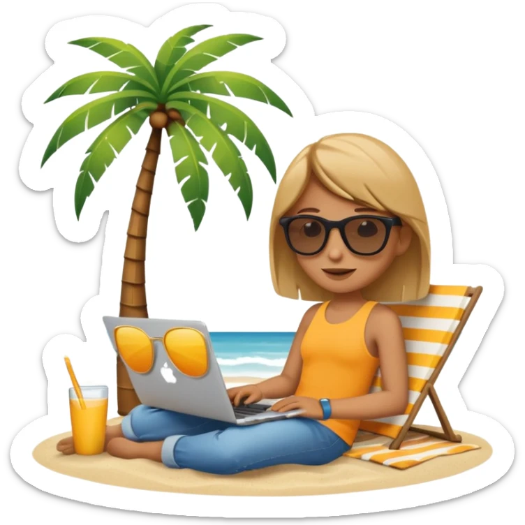 A minimalist emoji-style icon: A gender-neutral person sitting with a laptop on the beach. A palm tree nearby, sun and sea in the background. Relaxed, summery atmosphere. Simplified shapes, no detailed facial features, clean emoji-like design. sticker