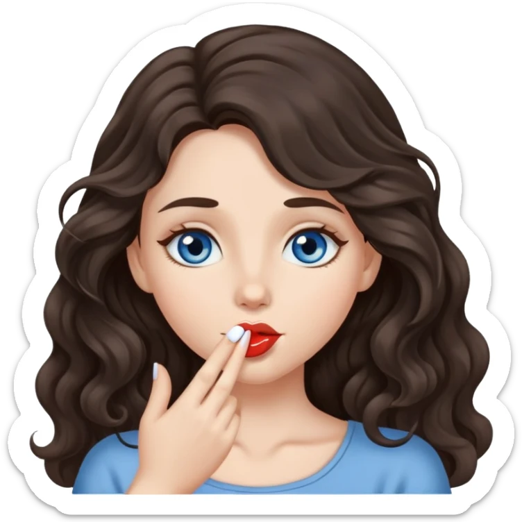 A girl with long, dark brown, wavy hair, grey-blue eyes, Sends a kiss sticker