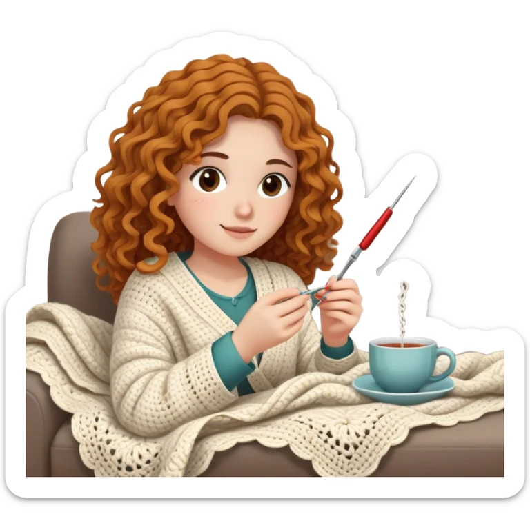 26 year old woman with wavy hair. She is crocheting a garment with a crochet hook and ball of yarn is near her. She is laying on the couch, under a blanket that covers her body and legs. Near her there is a cup of tea sticker