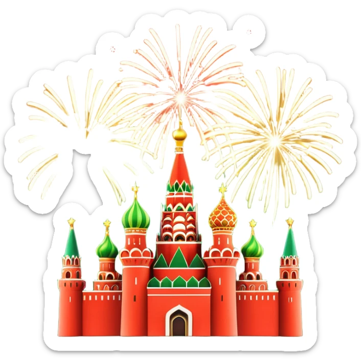 Apple style 3D emoji of New Year fireworks over Moscow. Vibrant multi-colored sparkling bursts (red, gold, green) in the sky. Below, a simplified glossy 3D silhouette of the Kremlin towers with glowing red stars. 
 sticker