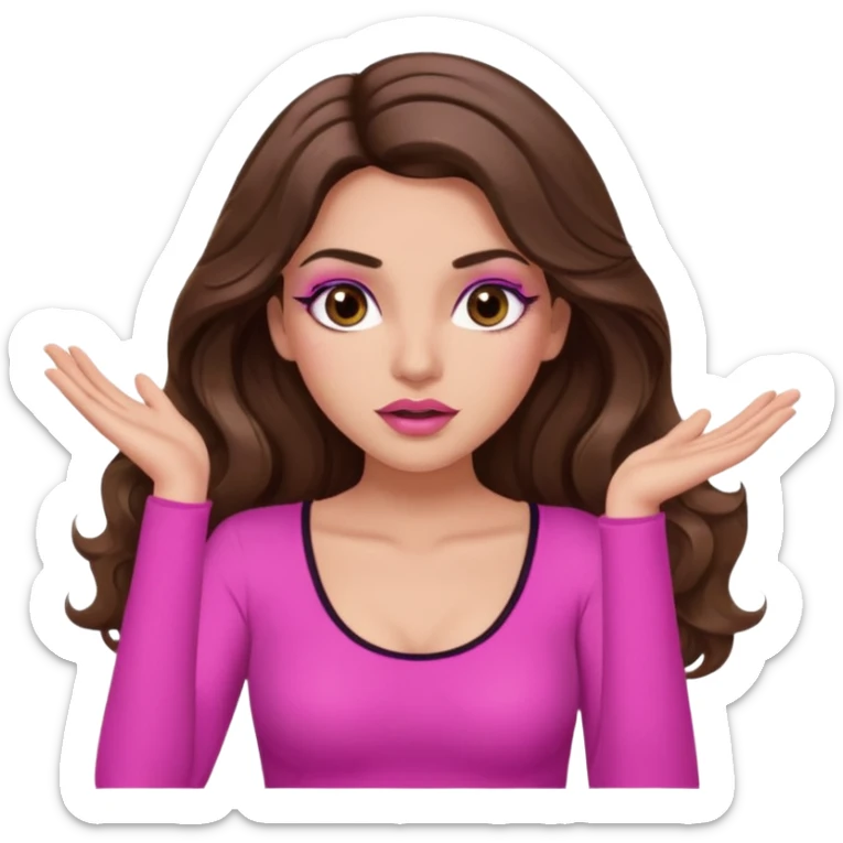 girl with long wavy brown hair, brown eyes, long lashes makeup, sexy pink lips, light to medium complexion, pink sexy top, two hands up, shrugging, confused sticker