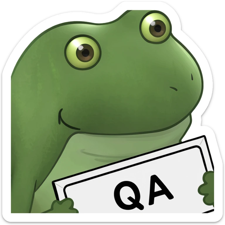 funny frog head emoji holding a big sign above its head with large, clear letters 'QA' sticker