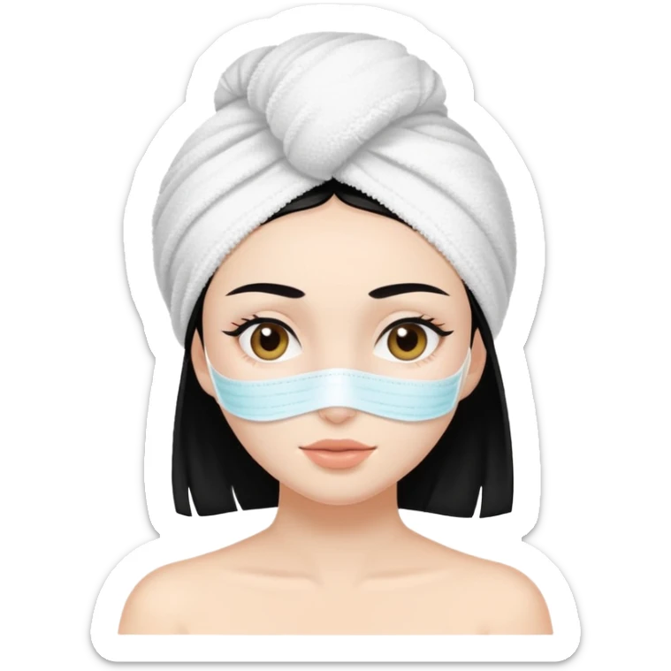 Girl black hair white skin with towel in head and skincare mask sticker