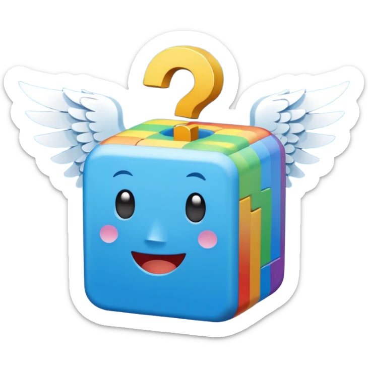  mainly blue and rainbow, the blue being the block itself. The rainbow parts are question marks, corner and smile. It has 2 white wings on each side like the other Lucky Blocks. sticker