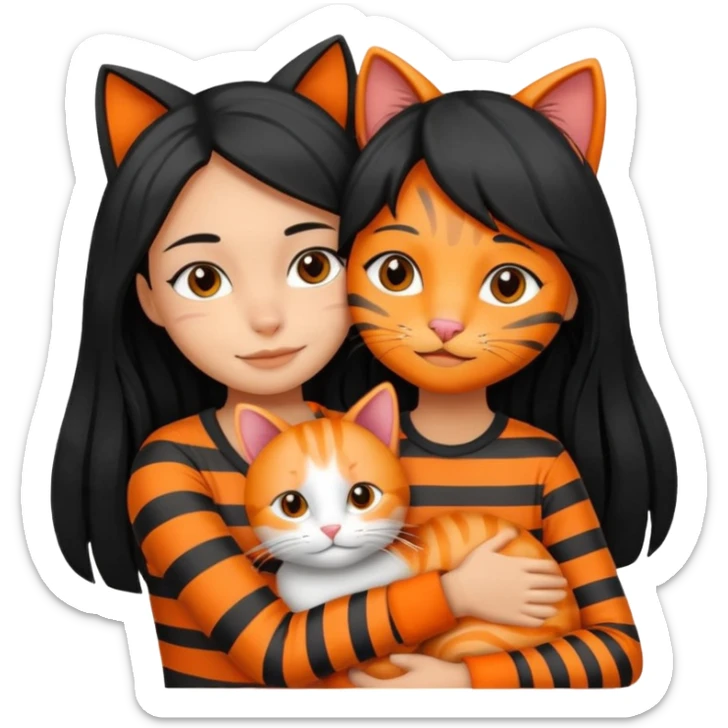 A clean girl with black long hair hugging an orange and a gray cat, both with stripes  sticker