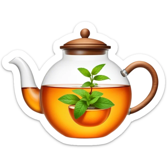 Cinematic realistic emoji depicting a transparent teapot with a realistic wooden lid filled with tea and orange and mint leaves floating in it, rich texture, without unnecessary decoration sticker