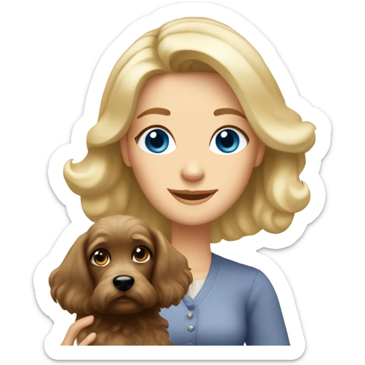 Old blue eyed blonde lady with long straight hair with dark brown Cockapoo puppy dog sticker