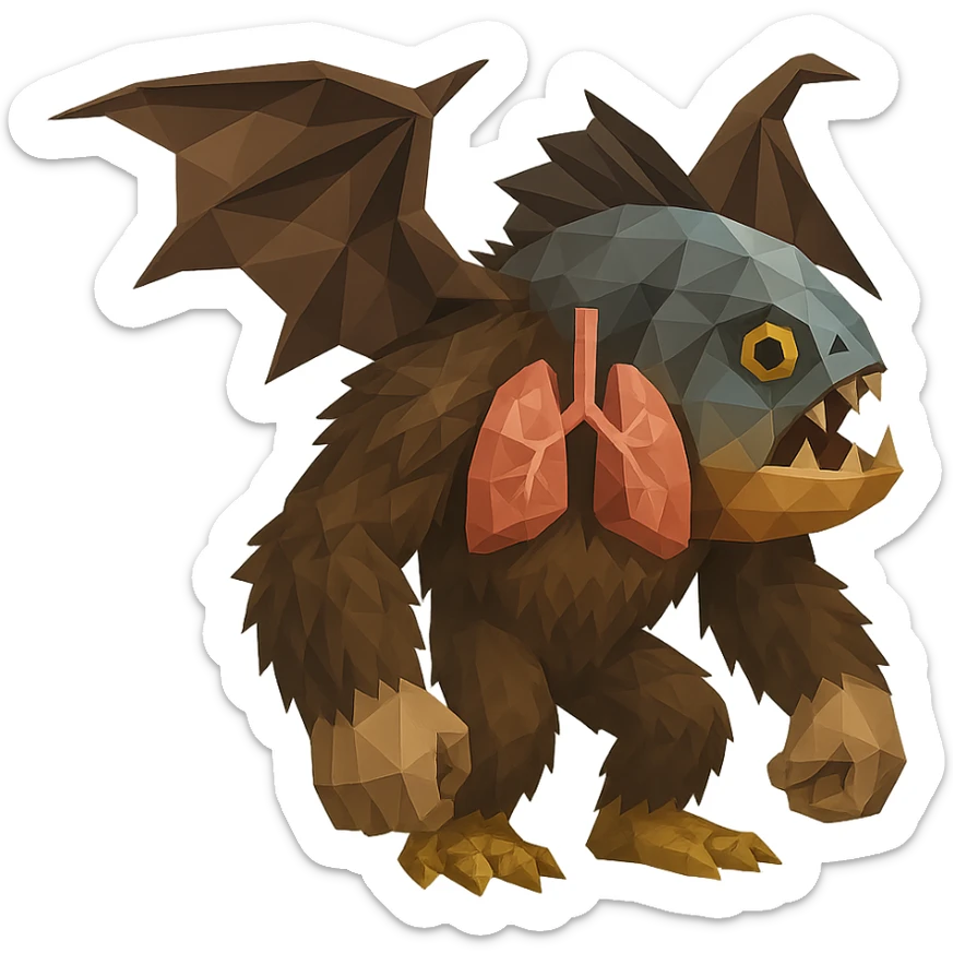 piranha with dragon wings, scaled feet, thick fur, strong arms, anatomical lungs, polygonal style sticker