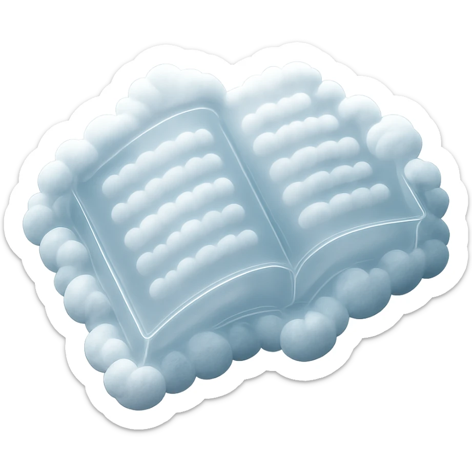 top view of a thick open book made entirely of small, very bright white fluffy convex clouds, matte glass style, emphasis on volume and airiness, no background sticker