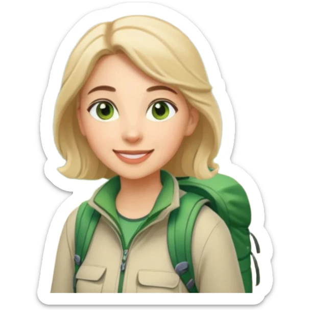 woman hiking in the woods in the sunshine. light face and green eyes. sticker