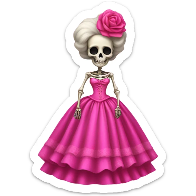 Skeleton wearing hot pink vintage poofy wedding dress to impress sticker