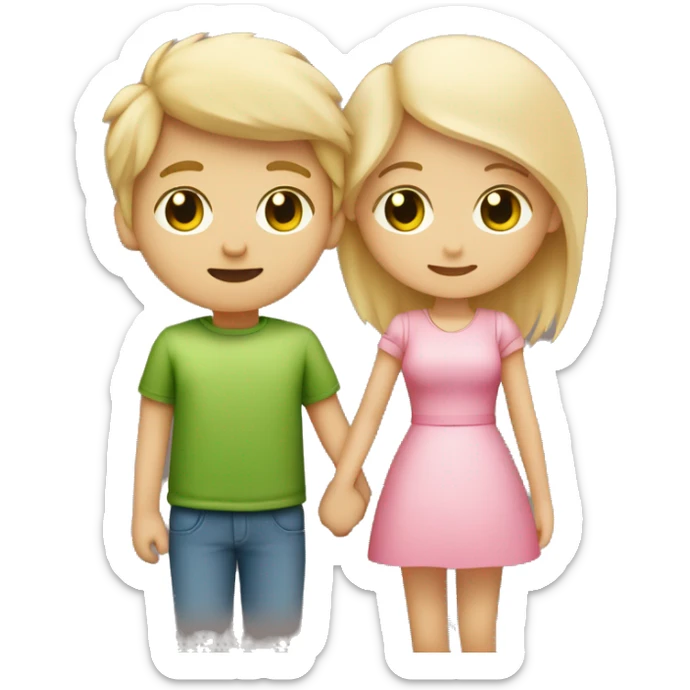 A couple, a cute girl with blonde hair and green eyes holding hands with a cute boy with brown spiky hair and a pink heart in between them sticker
