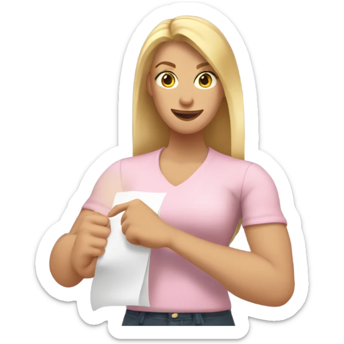 White woman with long blonde hair, wearing a light pink shirt, showing off a completed to do list in one hand, and flexing the muscles in her other arm sticker