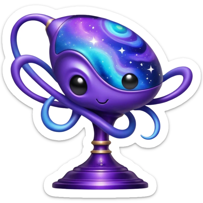 An alien trophy with cosmic colors, deep purples and blues, galaxy swirls, and tiny stars embedded in the design sticker