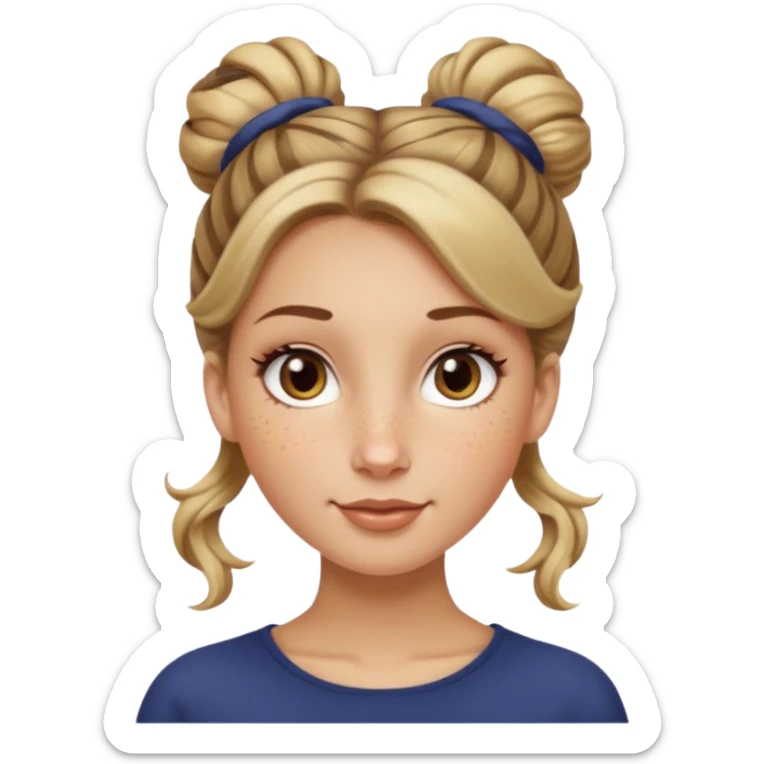 creative women with long dark Blond with highlights semi curly hair white women with hair in a top bun(one bun not two), oval shape face hazel eyes long lashes freckles on the nose high cheek bones sticker