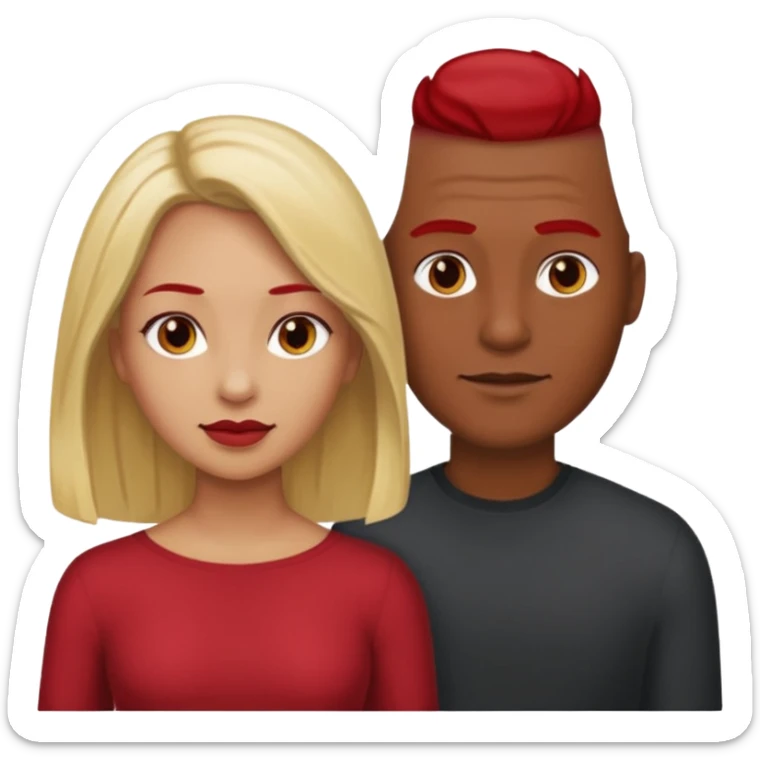 one male medium dark skin tone no hair and one woman light skin tone blonde highlights shoulder length hair and one woman light skin tone deep red long hair sticker
