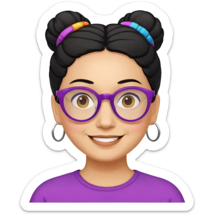 light skin middle aged with low bun in black hair with colorful glasses sticker
