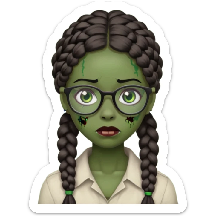 black zombie girl with glasses and braided hair sticker