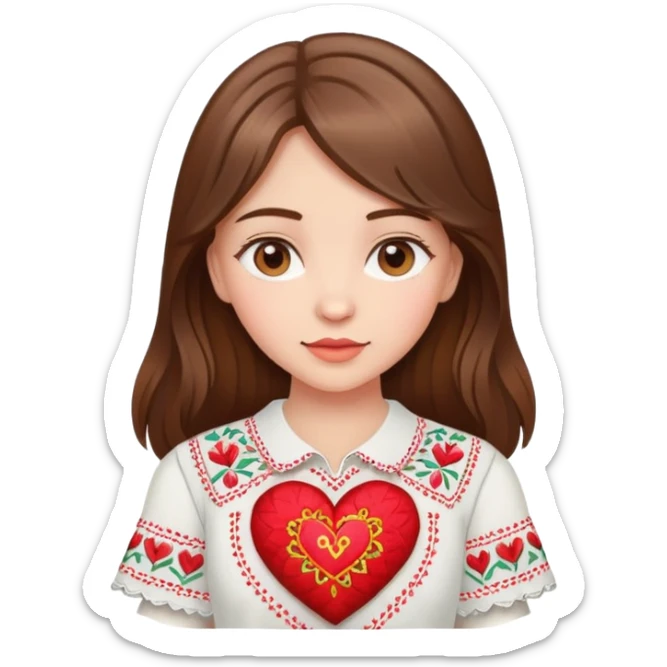 Beautiful young girl with brown hair in a white Ukrainian embroidered shirt holding a large embroidered heart sticker