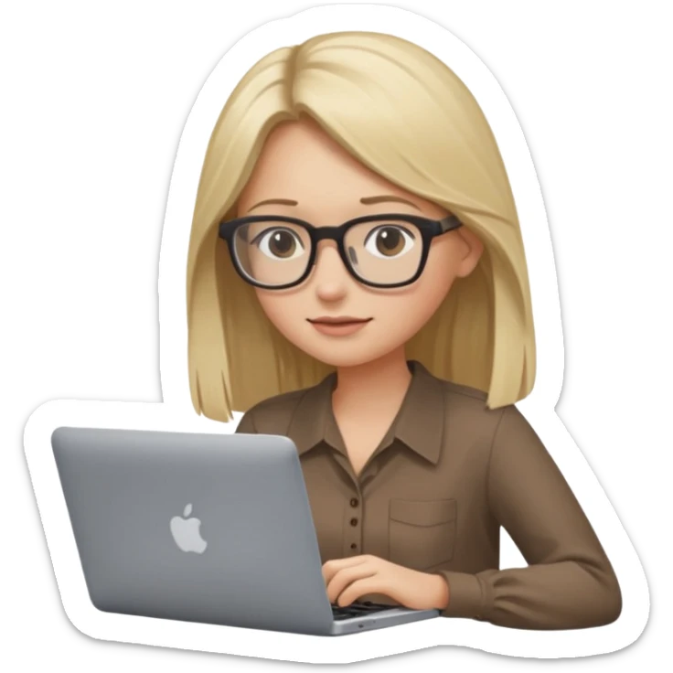 Girl in glasses, blonde long hair, brown blouse, typing on gray MacBook sticker