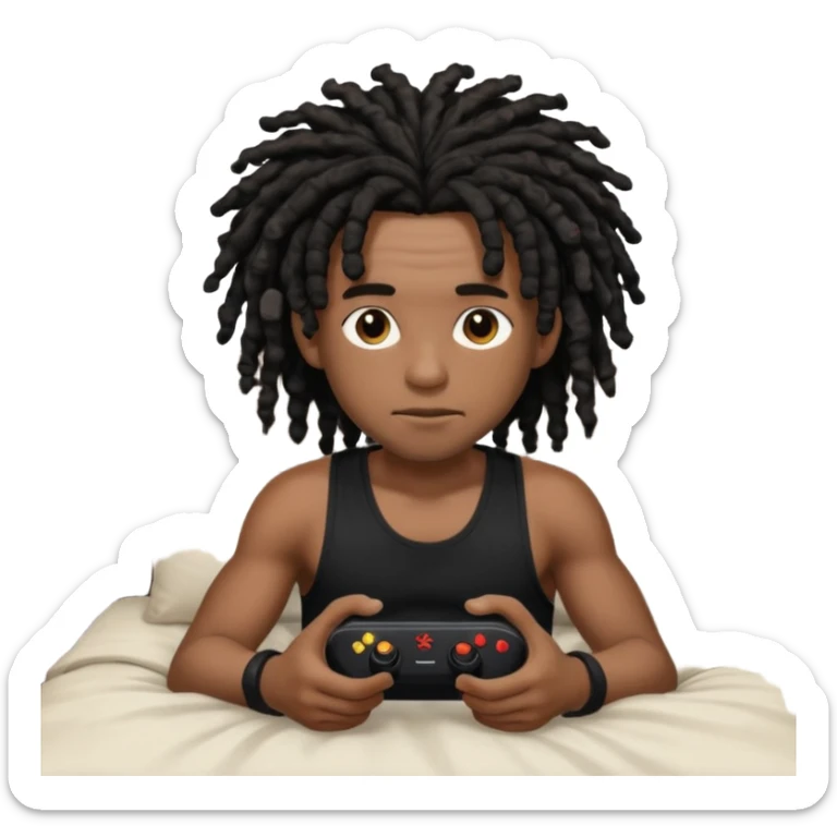 my black boyfriend in his bed with a black singlet on playing video games black curly dreadlocks  sticker