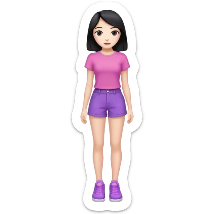 female, slim hourglass shaped body, black hair, pink t-shirt, purple wide leg shorts, black shoes, full body sticker