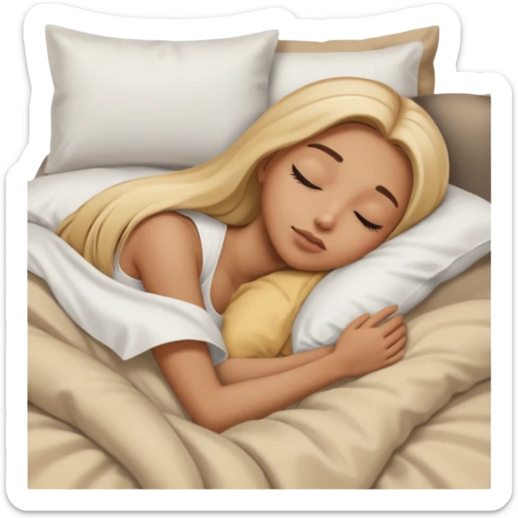 Mujer color de piel moreno claro, con cabello rubio largo, lacio y suelto, ojos negros, durmiendo con sábanas blancas, edredones beige, tomado desde un lado de la cama sticker