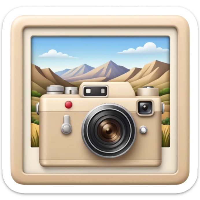 A beige camera and next to it a landscape photograph of the frame behind the camera sticker