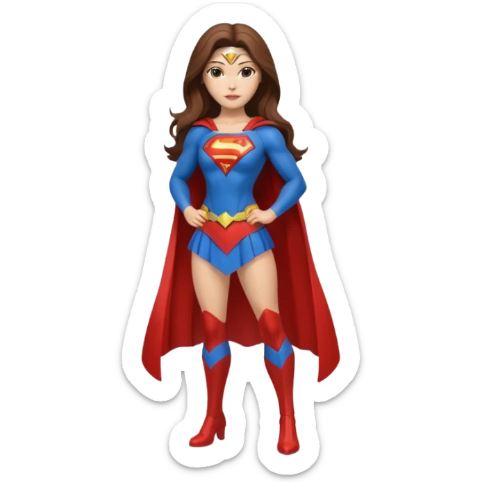Isolated, ultra detailed illustration of the most incredibly realistic and beautiful superwoman, DC Hero, char6. Full body, orginal outfit with a modern seductive style, perfect makeup, long flowing brown hair, perfect makeup, 
figurine imaginable, toy style. sticker