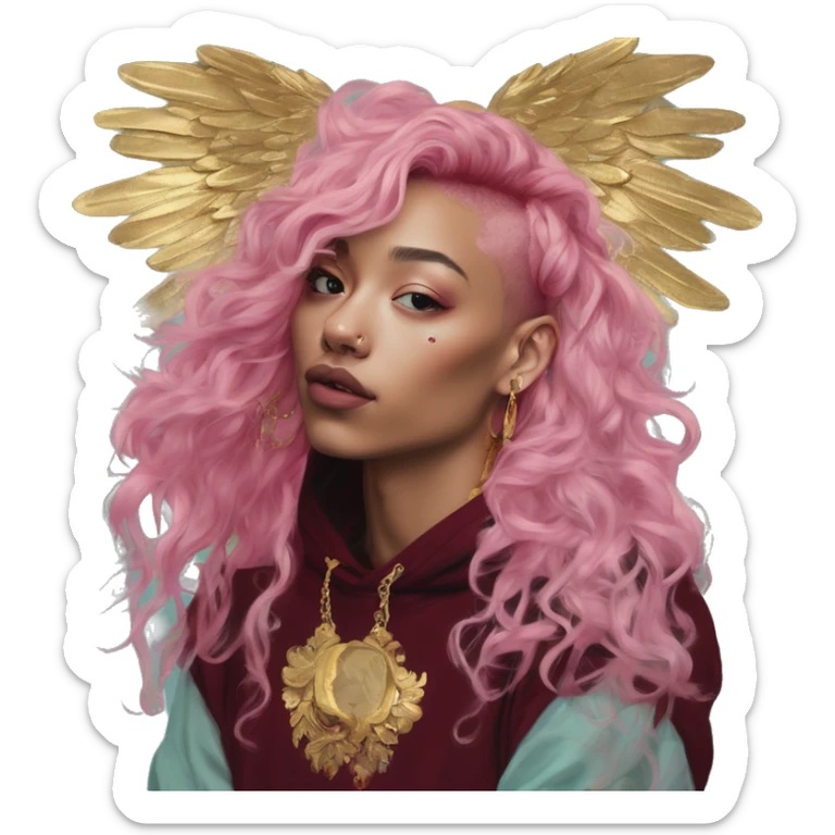 Vintage painting swirls gold jewellery baroque raven wings angel tropical Deep pink maroon burgundy cyan dark hoodie man vitiligo dyed hair gold piercings nose piercing ear piercings sticker