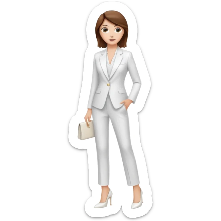 Chica blanca, traje pantalón blanco, zapatos blancos tacon pelo recogido con mechones sueltos castaño ycuerpo entero sticker