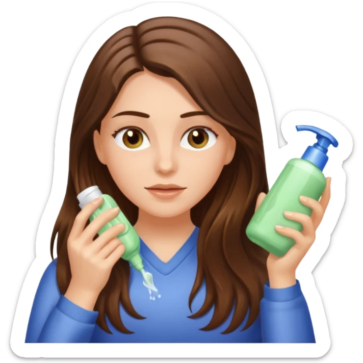 white long brunette hair girl with hazel eyes using conditioner on the hair sticker